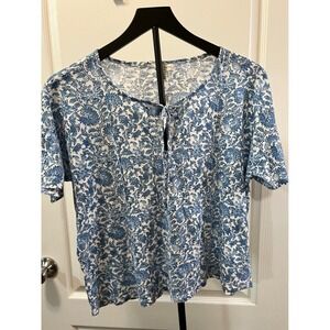 Lucky‎ Brand Blue Floral Print Short Sleeve Tie Neck Tunic Top Blouse S
